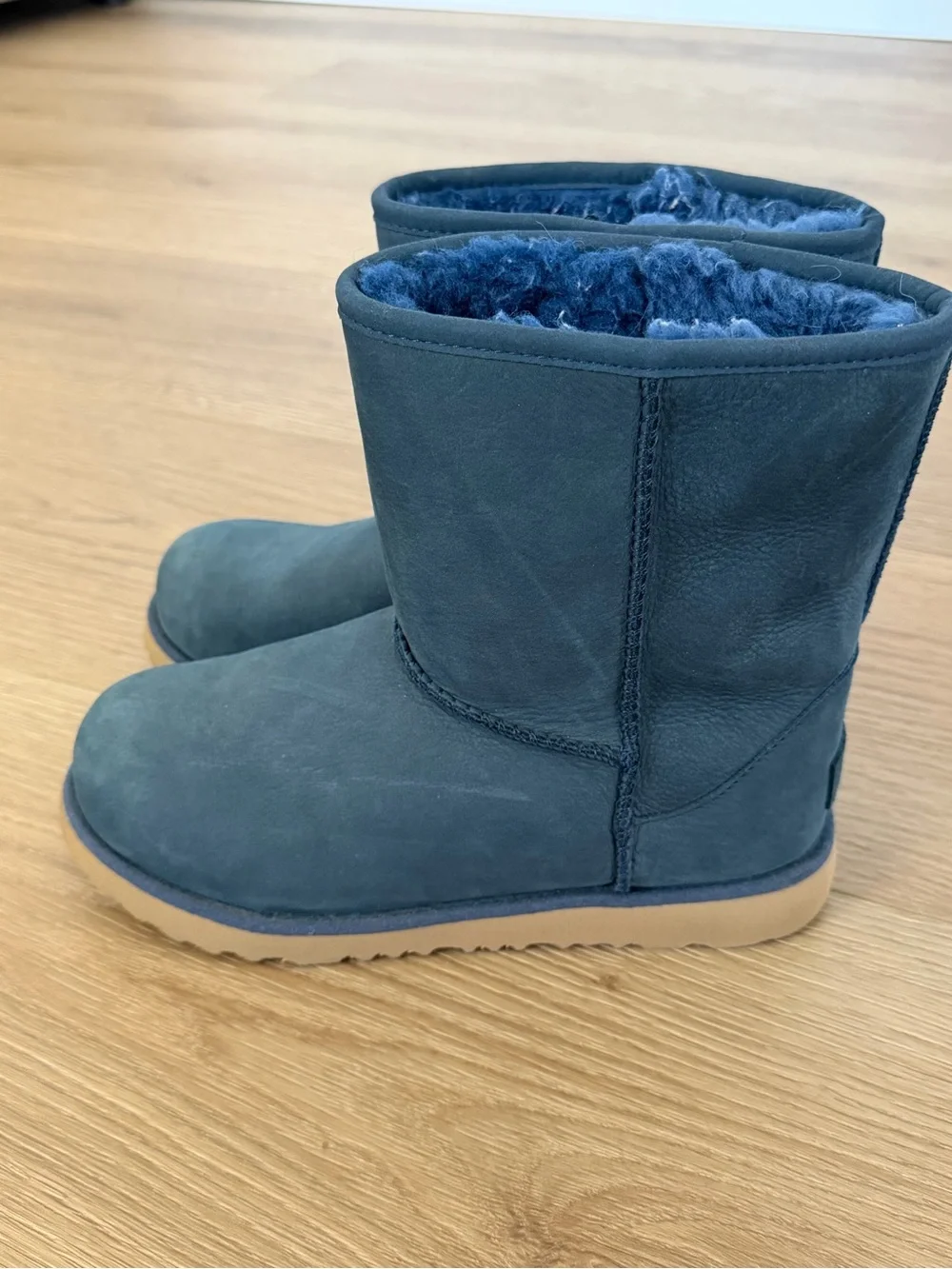 UGG Classic Short Waterproof Navy Blue Leather Shearling Boots Size 4 Big Kids